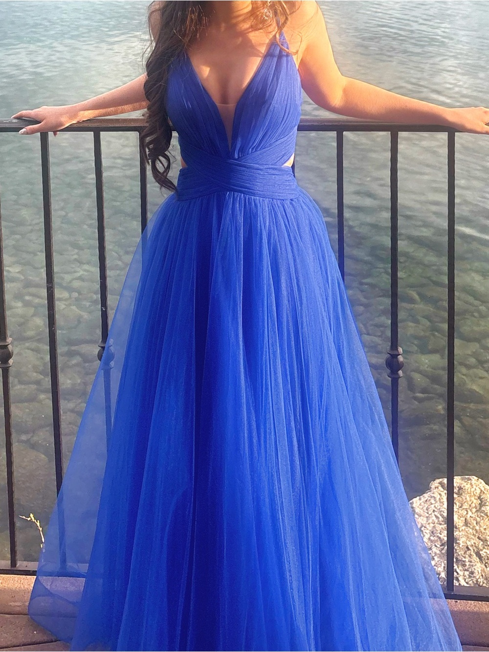 La Femme Royal Blue Plunge Tulle Prom Gown